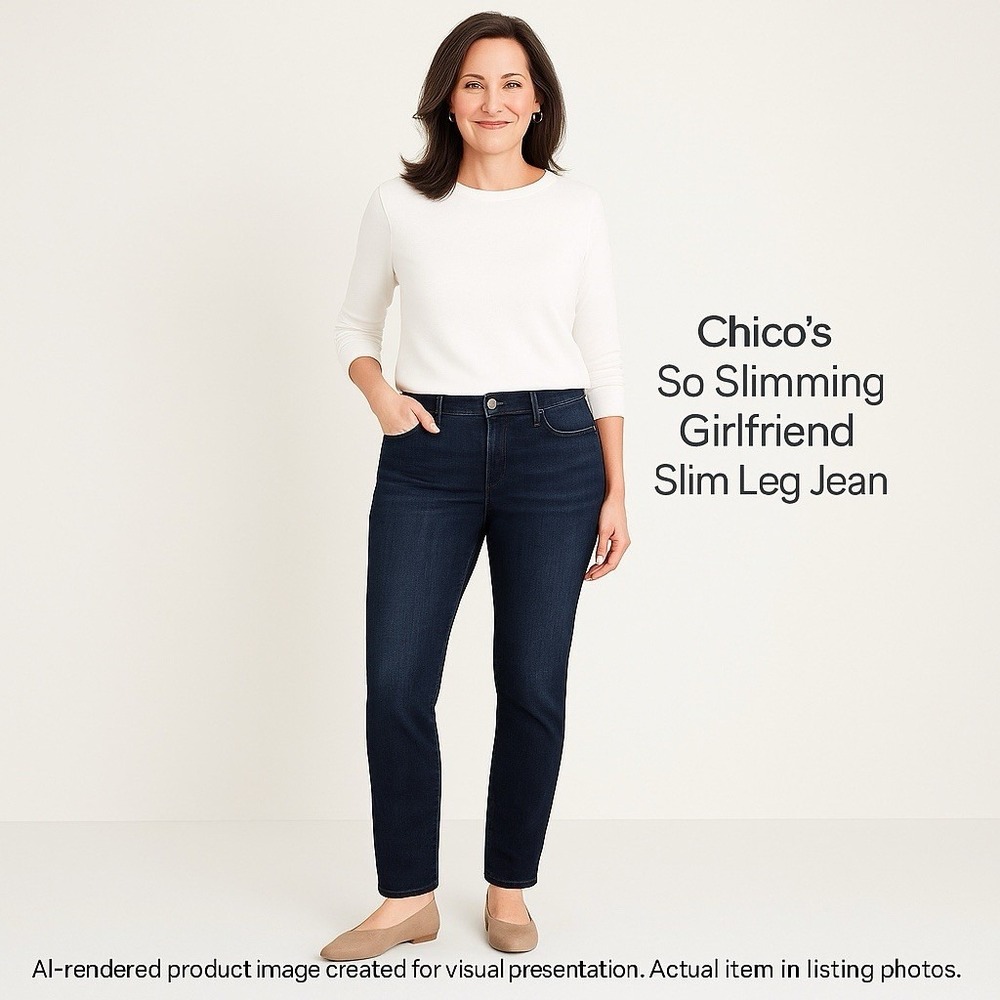 Chico's So Slimming Girlfriend Jeans 2R 12R Dark Wash Stretch Denim Pants - Picture 2 of 9